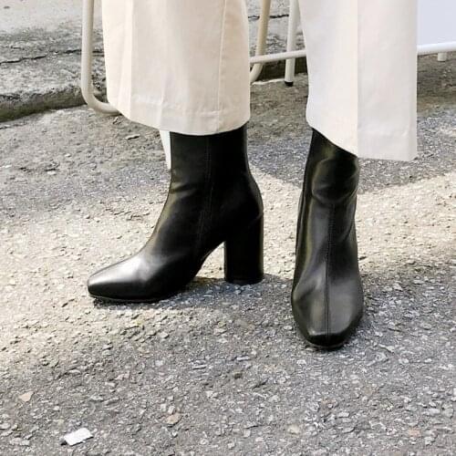 2020 Autumn Women Boots 4CM/6CM Leather Super High Heel Ankle Boots Fashion Square Zipper Winter Boots Size 33-42 Black Brown