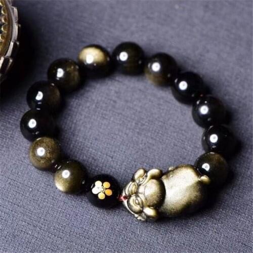 Pure Gold Obsidian Gem Bracelet 10-14mm Round Bead Elastic Mens Bracelet Womens Best Gift