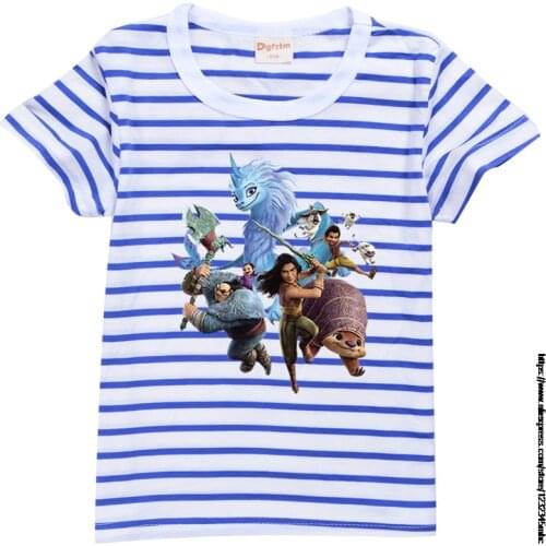 Raya and The Last Dragon Childrens T-shirt Boys And Girls Clothes Short Sleeve Infant Cotton Kids Clothing Stripes Summer Tops