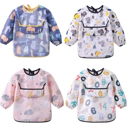 Baby Waterproof Bibs Children Cute Drawing Apron Pocket Toddler Long Sleeve Scarf Infant Eating Burp Cloths Feeding Banana Bibs
