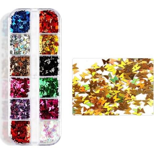 12 Colors Holographic Butterfly Flakes 3D Laser Sequins Tips For Decorations Nail Art Decorations