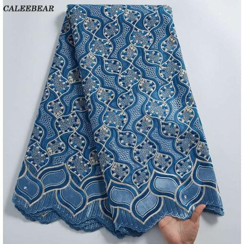 Latest Sky Blue African Cotton Lace Fabric 2021 Embroidery Swiss Voile Lace In Switzerland With Stone For Nigerian Wedding S2307