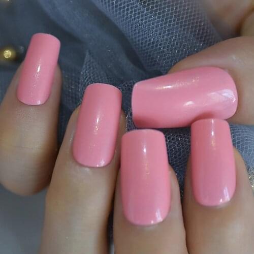 Square Nails Korea Slim Solid Pink UV Gel Cover Arcrylic Artificial Nails Medium Size with Adhesive Gluetabs Kit 24