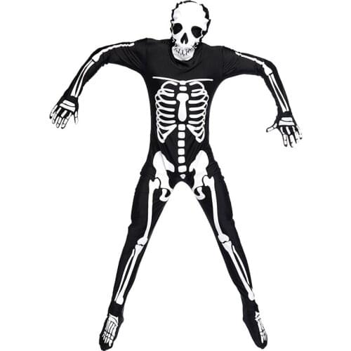 Adult Men Halloween Scary Skeleton Ghost Onesies Romper Terror Bone Print Male Hooded Jumpsuit Party Fancy Dress Costume M-XL