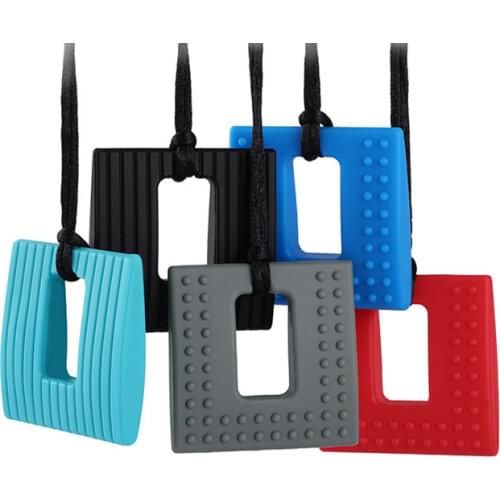 Square Textured Chew Necklace Silicone Teether Baby Teething Pendant Chewelry Sensory Therapy Toys for Autism ADHD Special Needs