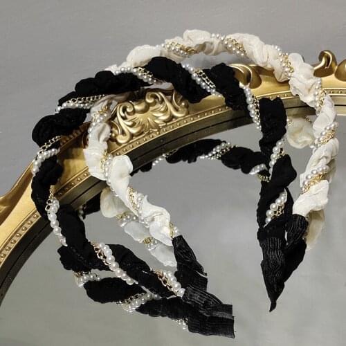 Trendy Pearl Hair Hoop Metal Chain Hairband Hairpin Sweet Fabric Temperament Summer Hair Ribbons Headwear Accessories