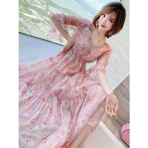 New - sexy V - neck agaric edge printing new dress with straps female summer