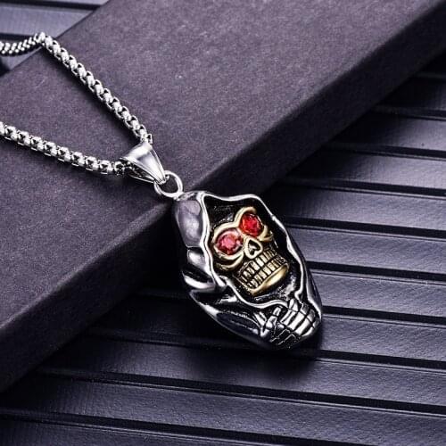 New Trendy Skull Shape Pendant Necklace Mens Necklace Fashion Bohemian Red Crystal Inlaid Pendant Accessories Party Jewelry
