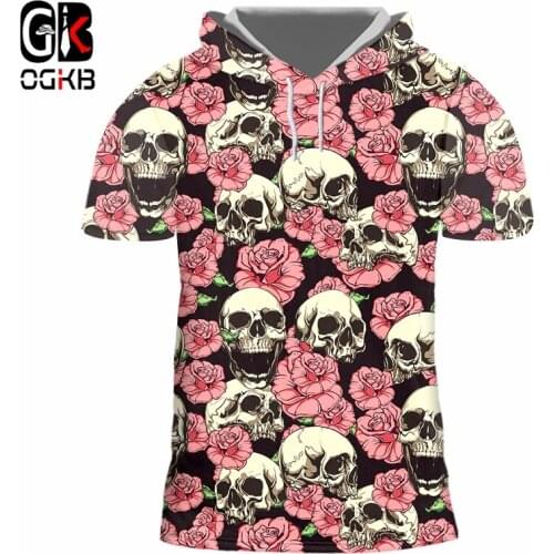 OGKB 3D White Skull Print Hooded Tshirt Mens Summer Pink Flowers T Shirt Short Sleeve Hip Hop Harajuku Top Oversize Wholesale