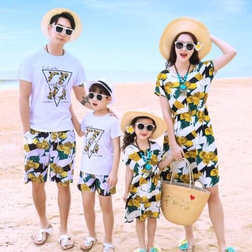 Mother Daughter Floral Beach Dress Father Son Short Print T-shirt and Floral Shorts Sports Set Family Matching Outfit Cotton New