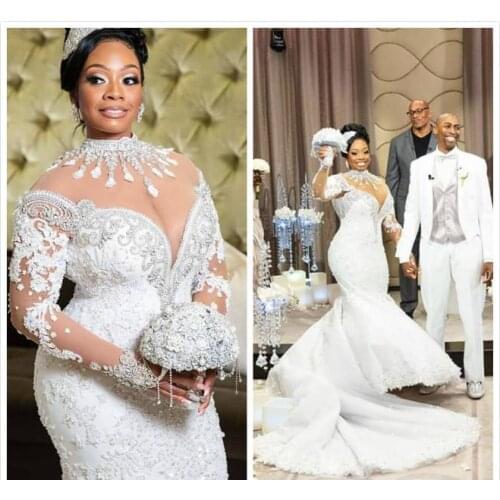 Crystals Lace Arabic Luxurious Plus Size Wedding Dresses High Neck Long Sleeves Beaded Mermaid Bridal Dresses Sexy Wedding Gown