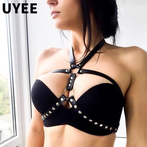 UYEE Sexy Woman PU Leather Bondage Bra Harness Belt Goth Stocking Garter Full Body Stra Chest Lingerie Harness Exotic Accessory