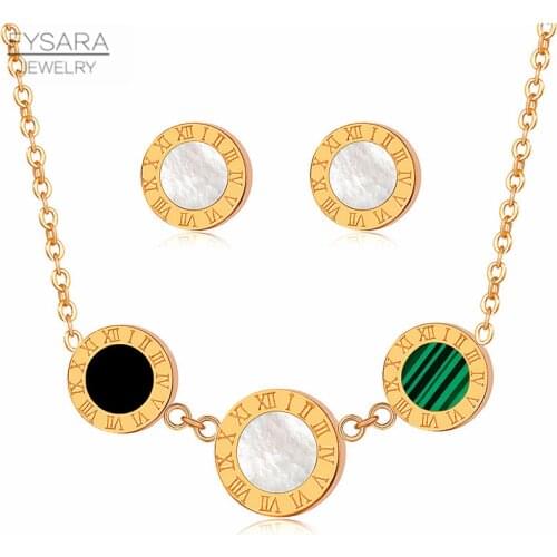 FYSARA Black White Shell Roman Numercal Round Tag Earrings and Necklace for Women Girl Luxury Brand Jewelry Set Gold Color Gift