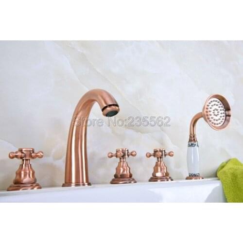 Antique Red Copper 5 Holes Roman Bathtub Faucet Set Bathroom Tub Mixer Tap lna240