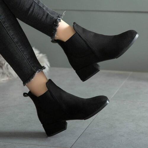 New Fashion Women Winter Square Head Thick with Short Boots Wild Suede Solid Plus Velvet Cotton Shoes Zapatos De Mujer W20-74