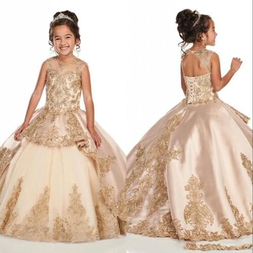 Gold Applique Lace Champagne Girls Pageant Dresses 2020 Cap Sleeve Jewel Beaded Crystal First Communion Flower Girls Dress BC250