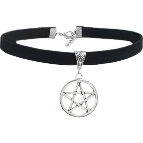 1pcs Fashion Jewelry Choker Necklace Black 10mm Flat Faux Suede Cord Pentagram Star Charm 13" Choker Necklace