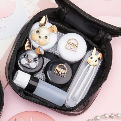 2Pairs Fashionable Cute Contact Lenses Case For Women With Clear Bag Mirror Fox/Rabbit/Cat Lenses Container Holder Travel Kit