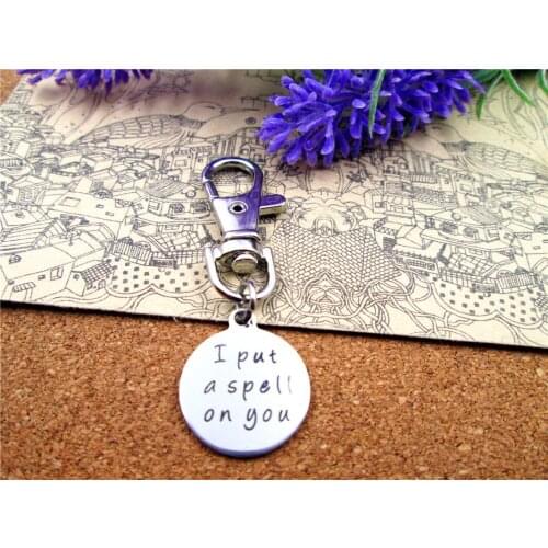 3pcs/lot high quality keychain with 20mm stainless steel circle round "I put a spell on you" charms keychain