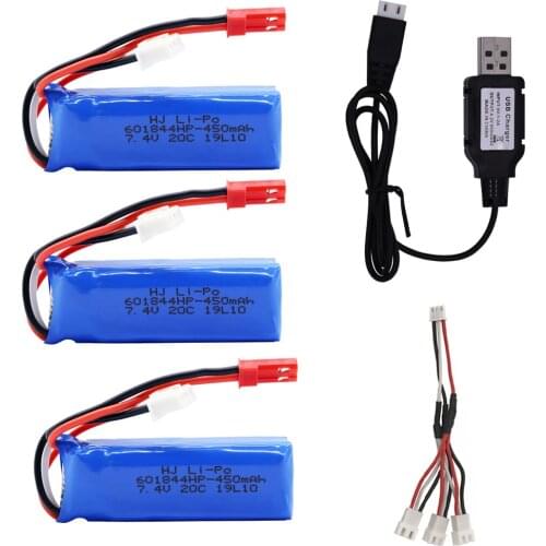 7.4V 450mAh Lipo Battery with USB Charger for WLtoys K969 K979 K989 K999 P929 P939 RC Car Parts 2s 7.4v Battery 601844 JST PLUG