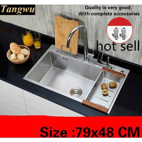 Free shipping Standard luxurious big kitchen manual sink single trough fashion durable food grade 304 stainless steel 79x48 CM