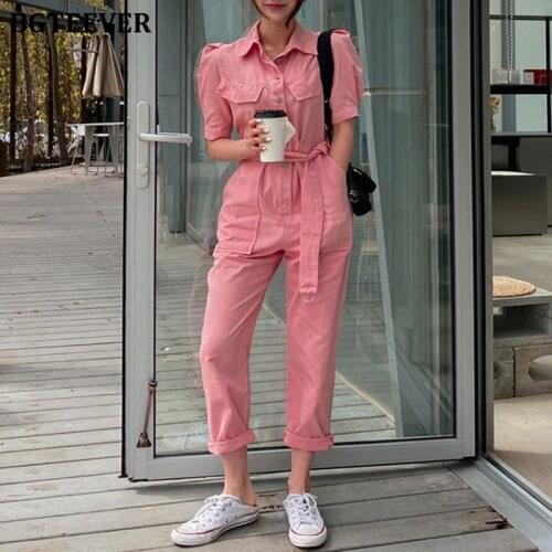 BGTEEVER Summer Turn-down Collar Women Playsuits 2020 Chic Single-breasted Belted Female Rompers Overalls Short Sleeve Jumpsuits