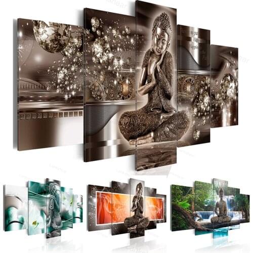 HD Hot Sell Fashion Wall Art Canvas Painting 5 Pieces Diamond Buddha Zen Meditation Landscape Waterfall Modern Home Decoration