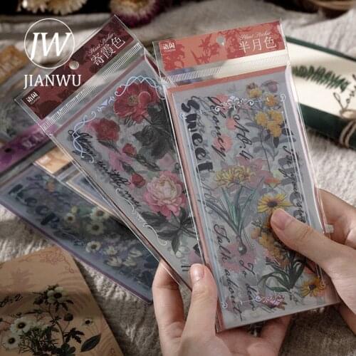 JIANWU 13 Pcs Romantic Flower Plant PET Stickers Kawaii Stationery Scrapbooking Hand Account Decoration Diary Stickers Supplies