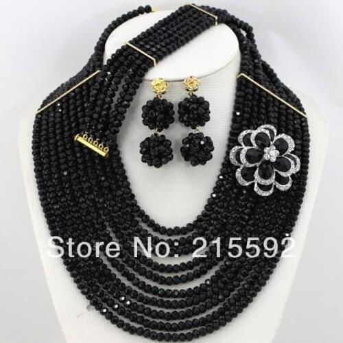 African Crystal Bead Jewelry Sets Black Nigerian Wedding African Beads Jewelry Set 10 Rows Bridal Necklace Free Shipping AJS288