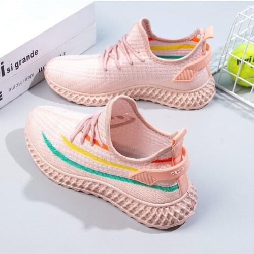 Summer Women Shoes Pink Socks Sneakers Knitting Walking Mesh Flat Shoes White Sneakers Breathable Vulcanized Shoes Woman 2021