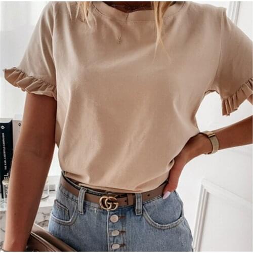 Fashion Women T-shirt Stylish Loose Basic Simple Solid Round Neck Ruffles Short Sleeve Tees Leisure Summer Pullover Tops