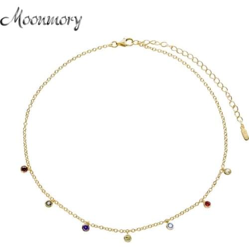 Moonmory Birthday Gift 925 Sterling Silver Rainbow Crystal Charms Choker Necklace For Women Fashion Female Choker Necklaces