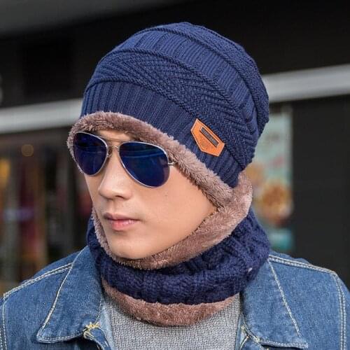 T24 Korean Version of Autumn and Winter Mens Knitted Woolen Hat 2020 Plus Velvet Thick Hedging [hat + Bib] Two-piece Suit