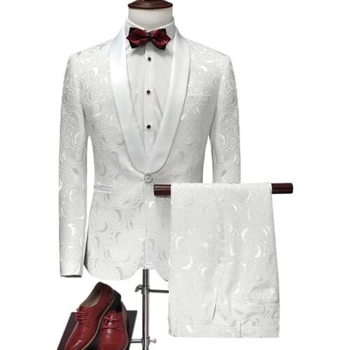 2020 Ivory White Mens Suits Groom Wedding Suit 2 Piece Set Formal Male Blazer Shawl Lapel Jacquard Tuxedo Slim Fit Jacket Pants