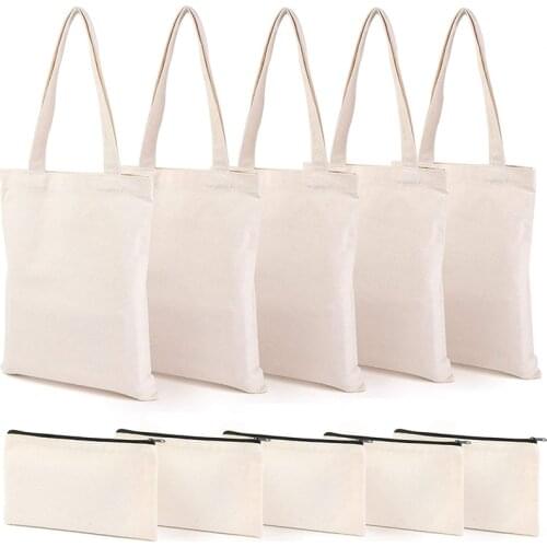 Canvas Pencil Pouch Tote Bags Set,DIY Craft Blank Makeup Bags with Zip Canvas Pen Case DIY Reusable Shopping Grocery Bag