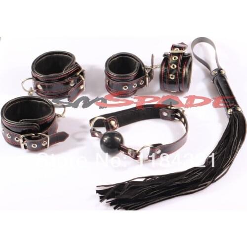 100% leather restraint set adult sex product for couples sex game leather hand cuffs leather whip ball gag,ankle cuffs fun sex