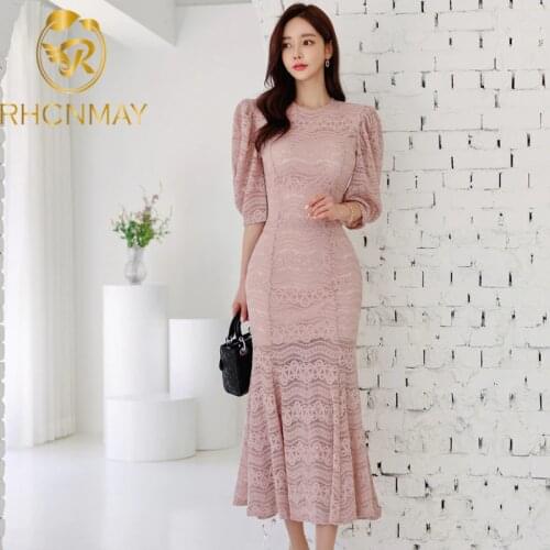 New 2021 Summer Elegant Hollow Out Pink Lace Long Formal Party Dress Half Sleeve O neck Slim Trumpet Mermaid Dress