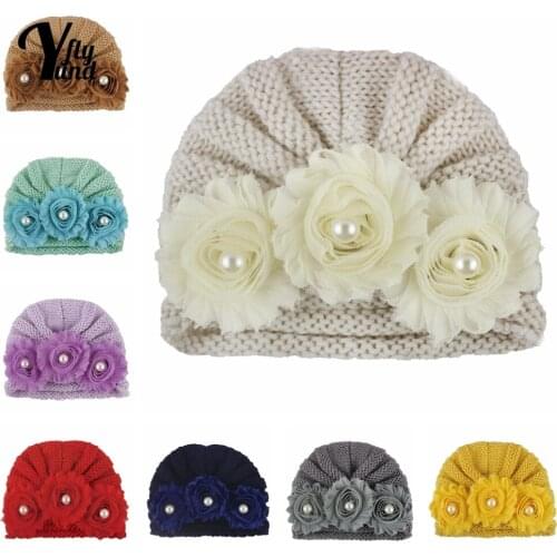 Yundfly Solid Color Handmade Sun Flower Baby Girl Hat Comfortable Warm Knitting Wool Infant Cap Cute Floral Headwear Photo Props