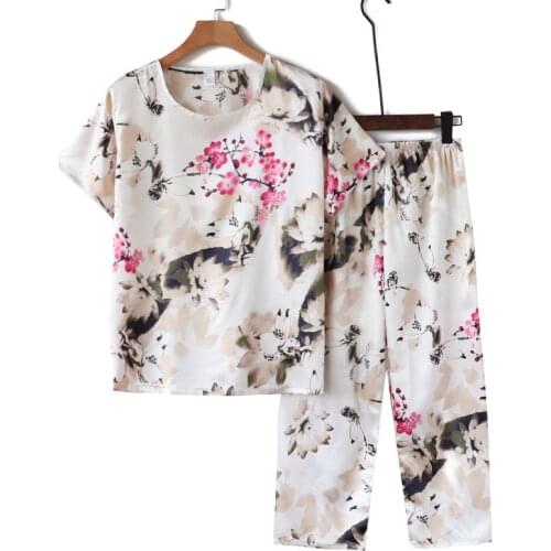 2PCS Pajamas Set Womens Pajamas Summer Sleepwear Ladies Silky Satin Pijamas De Mujer Floral Printing Pijamas Plus Size 4XL