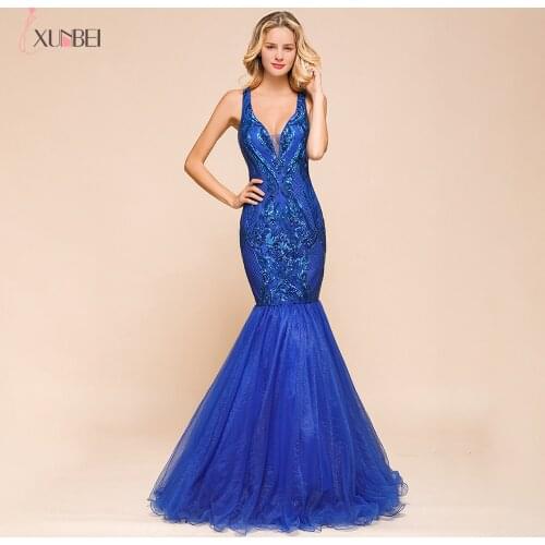 Royal Blue 2021 New Long Prom Dresses With V Neck Flower Sequins Elegant Vestidos De Fiesta De Noche