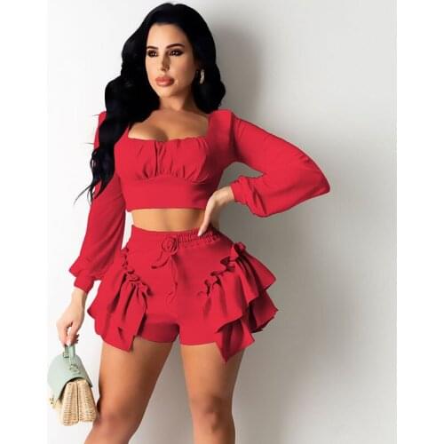 Sexy 2 Piece Sets Womens Outfits Elegant Long Sleeve Ruched Crop Top and Ruffles Shorts Suits Birthday Party Club Matching Sets
