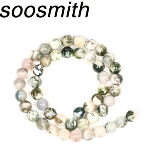 Soosmith 4MM 6MM 8MM 10MM 12MM Fashion Green Moss Tree Agat Natural Stone Beads Loose Round Spacer Beads For Jewelry Making Diy