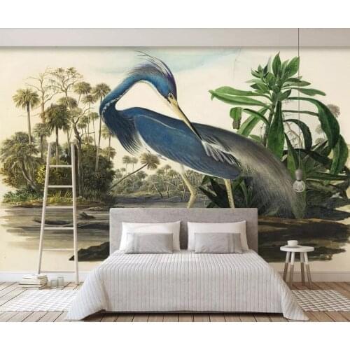 Modern simple Nordic retro rainforest flower bird coconut tree American background wall