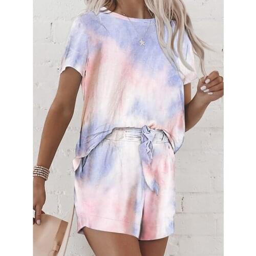 Sports Suit Summer Tie Dye Print Short Sleeve O-neck T Shirt And Shorts Two Piece Suit Set Casual Women Home 2 Piece Sport Suit