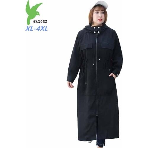 Large size Hooded Trench Coat Women 2019 Spring Autumn Long Windbreaker Female Fashion Casual Coat Belt Slim Zipper Trench G45