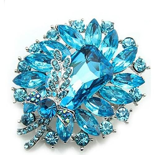Womens Banquet Party Broach Blue Clear Rhinestone Crystal Butterfly Pin Hijab Scarf Corsage Coat Sweater Clips Broches spille