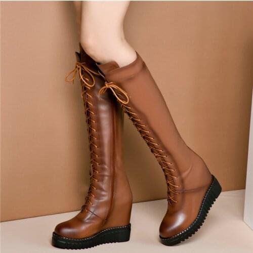 2020 Women Lace Up Genuine Leather Wedges High Heel Knee High Boots Female Winter Warm Warm Thigh High Platform Fashion Sneakers