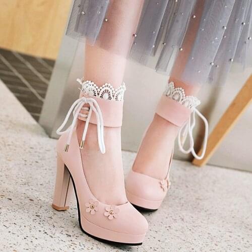 Rimocy plus size 43 lace ankle strap pink leather princess shoes woman 2019 lovely thick square super high heels platform pumps