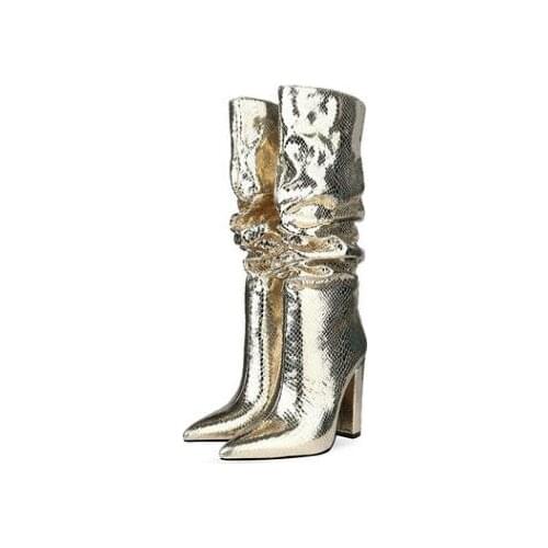 2021 Spring Winter Women Knee High Boot Silver Gold Women Pointed Toe Sexy Boots Square High Heels Shoes Female Long Boots