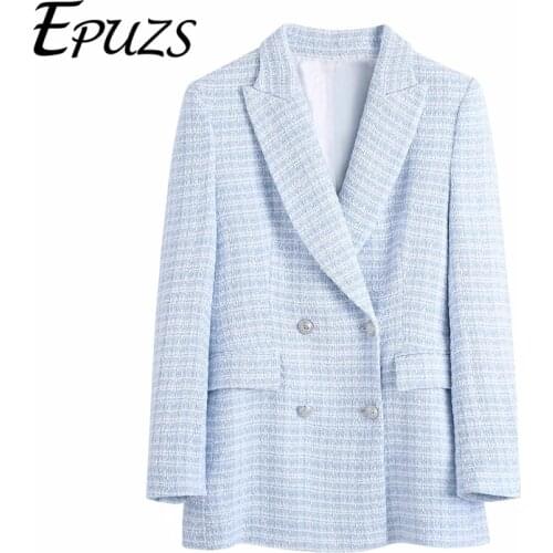 ZA 2021 Women Double Breasted Tweed blazer Coat Vintage Long Sleeve plaid blazer Female office suit jacket korean Outerwear